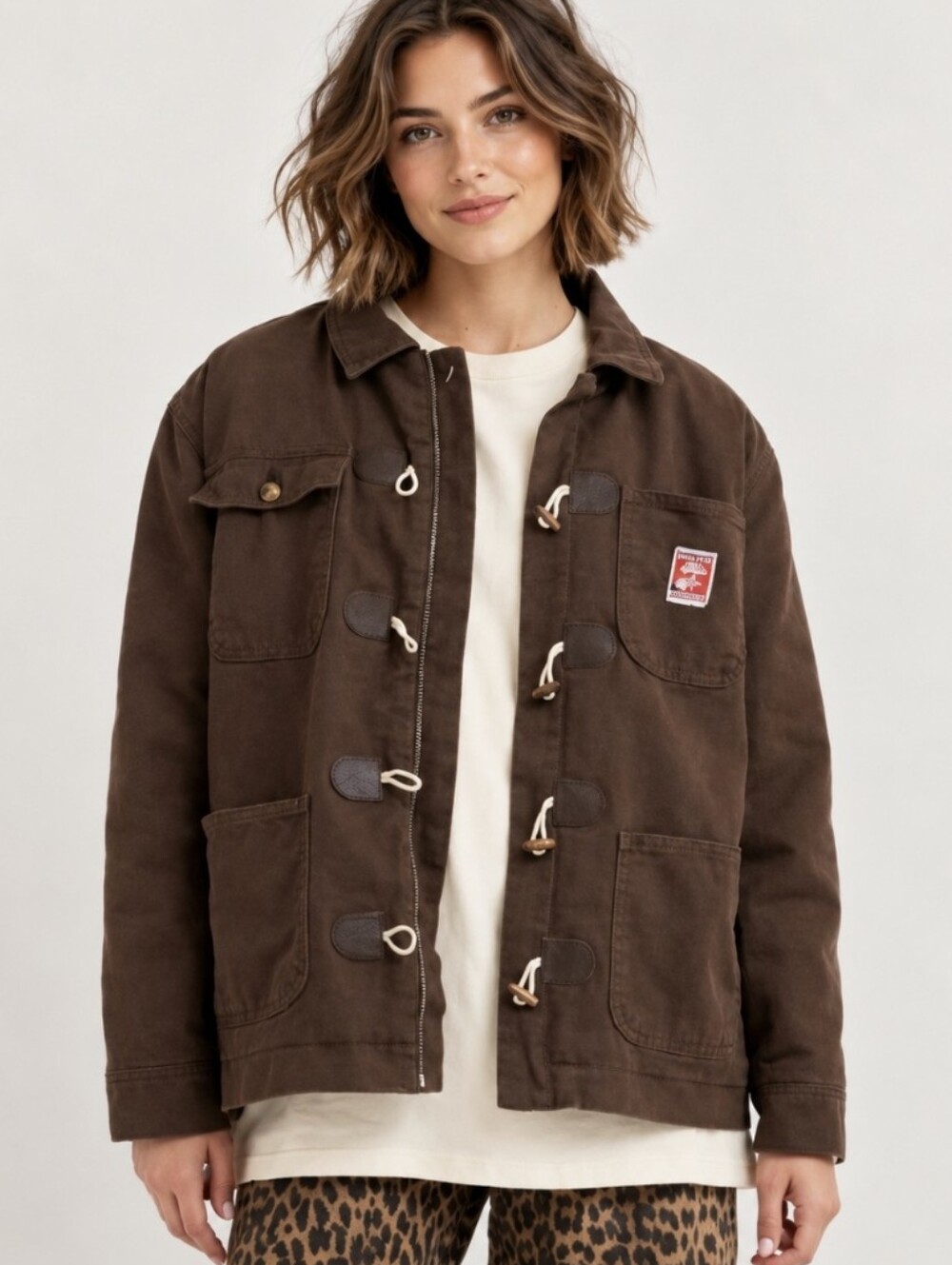 Damson Madder Dion Workwear Borg Chore Jacket Brown Canvas Toggle Sz 6 US, 10 EU